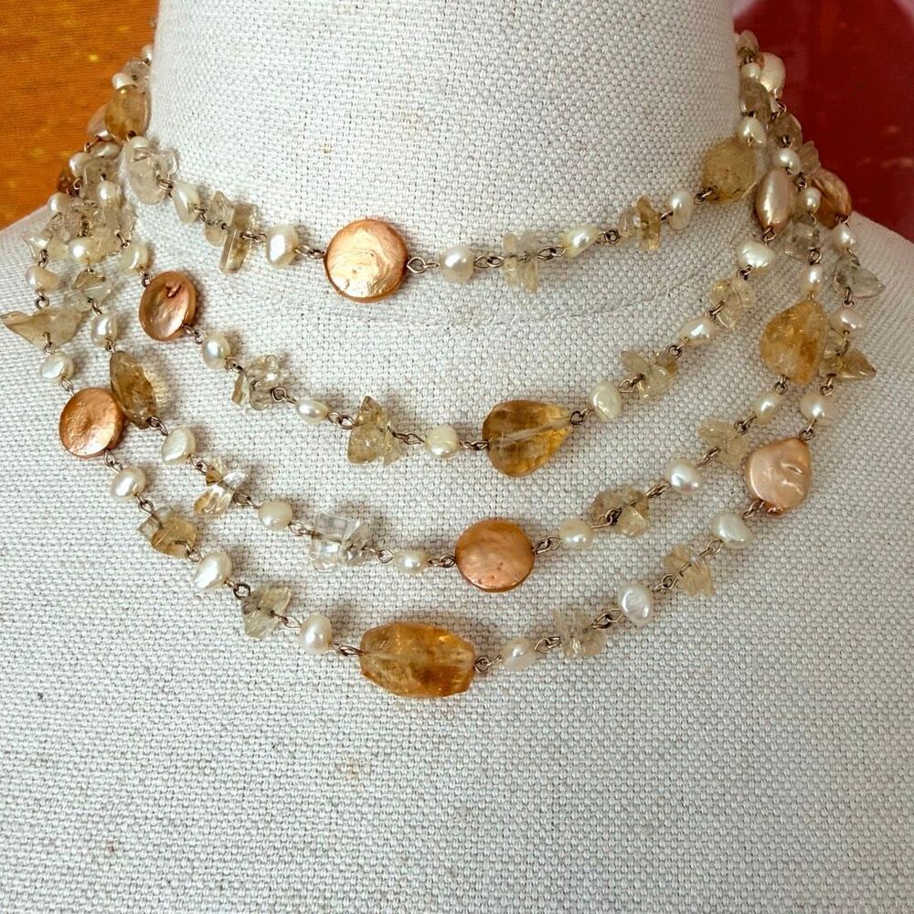 Nicoletta 925 Sterling Silver Citrine Freshwater Pearl Multi Strand Necklace